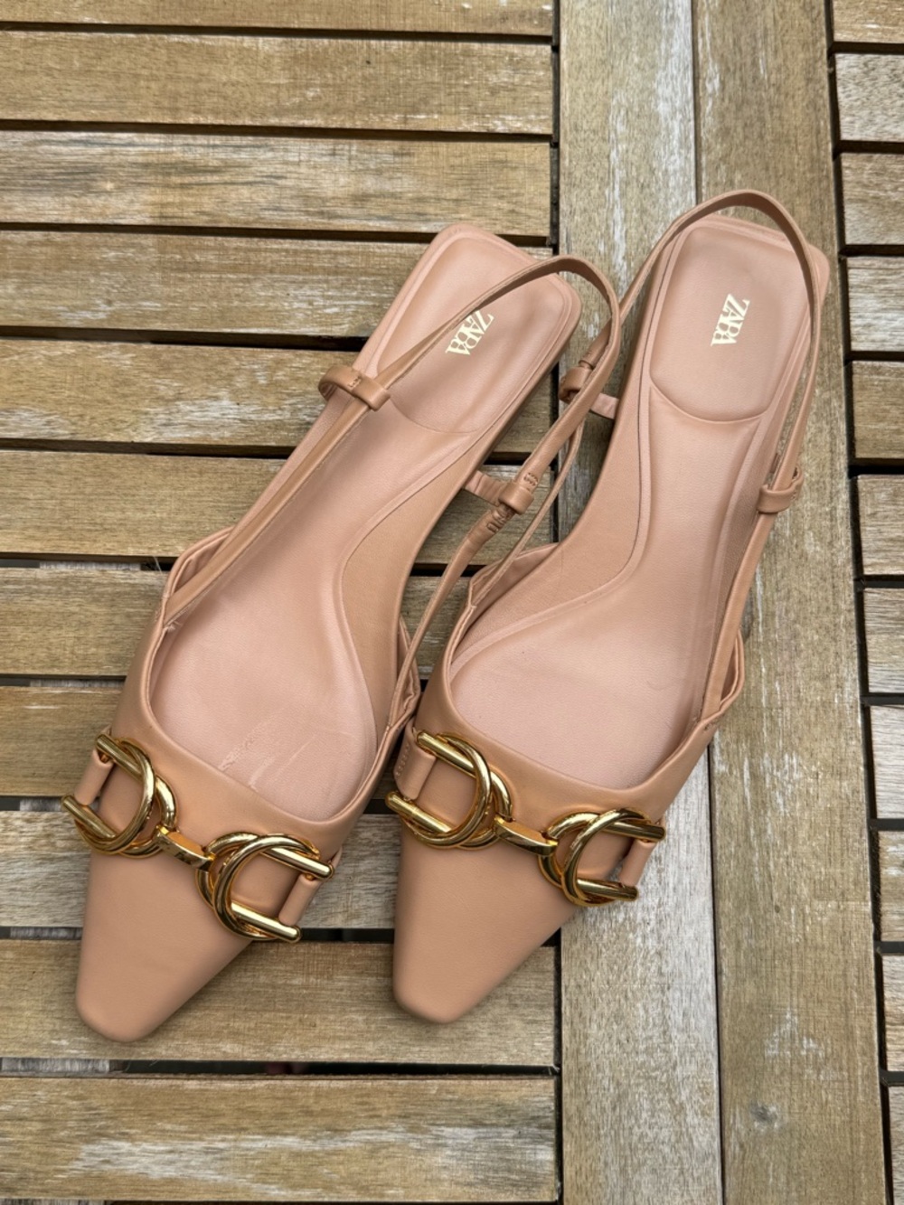 Zara Pink-Tan Pointed Slingback Flats with Gold Chain Accent